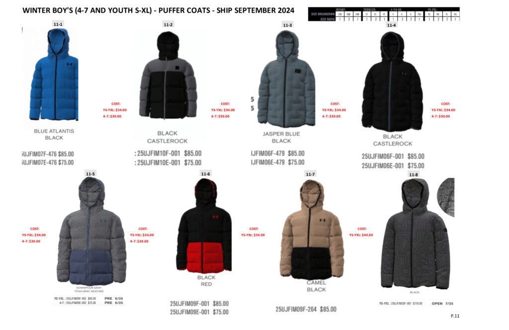 WINTER BOY’S (4-7 AND YOUTH S-XL) – PUFFER COATS – SHIP SEPT 2024